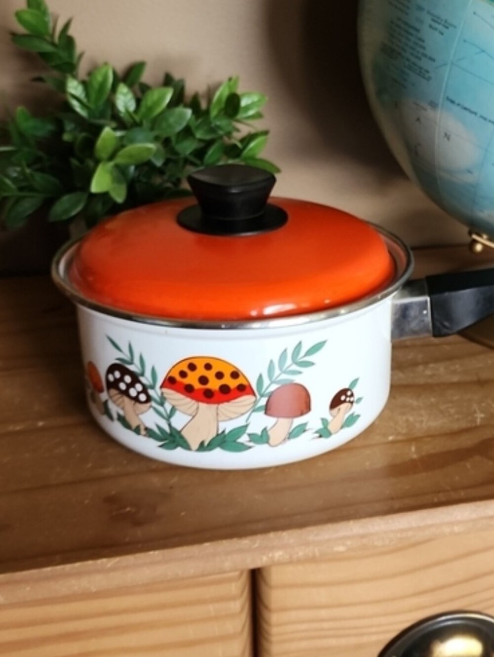 Vintage Merry Mushroom Enamel Saucepan with Orange Lid